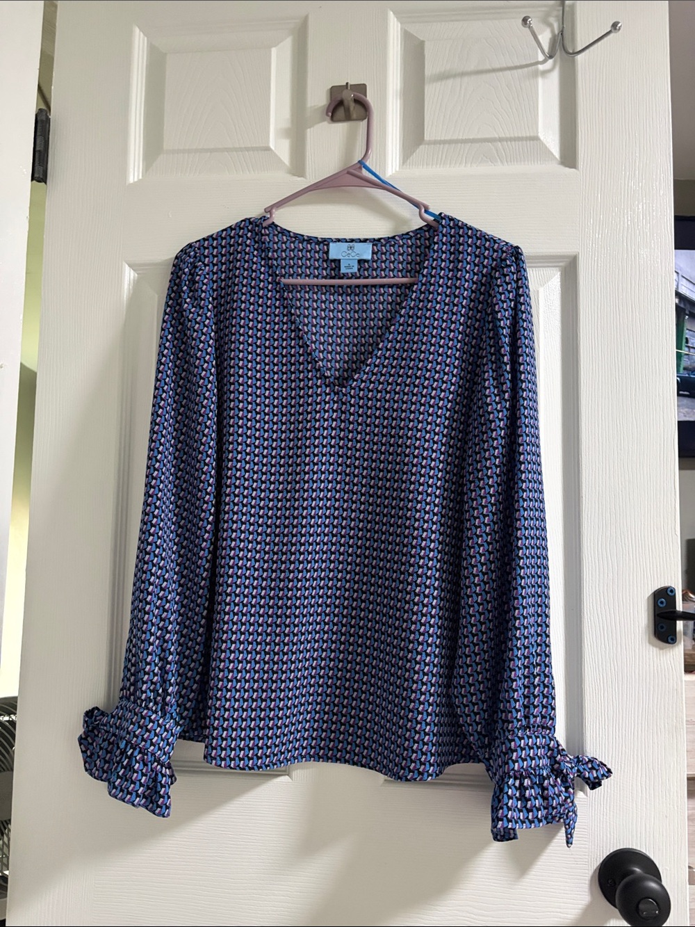 CeCe Navy & Pink Geometric V-Neck Blouse